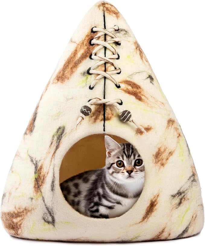Luxurious Eco-Friendly Merino Wool Cat Cave Bed Teepee Design - Foldable Hideaway Pod for Indoor Cats - Premium Felt Kitten Beds - Covered Cat House for Ultimate Cozy Comfort by Woolygon-Mewly Pet