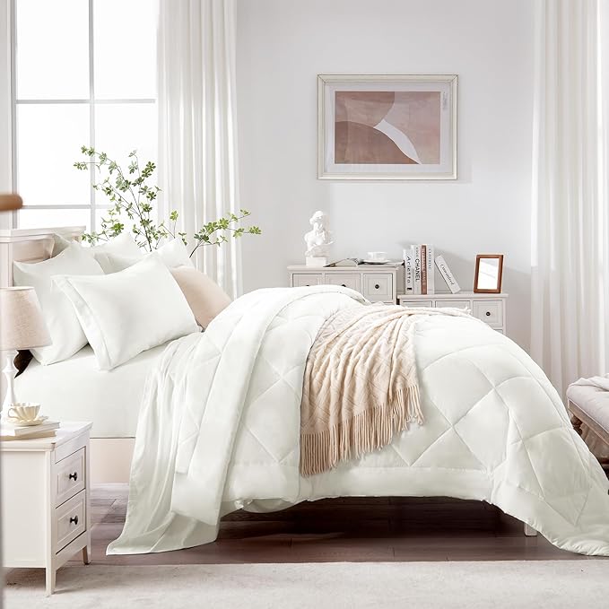 Love's cabin Twin Comforter Set Ivory, 5 Pieces Twin Bed in a Bag, All Season Bedding Sets with 1 Comforter, 1 Flat Sheet, 1 Fitted Sheet, 1 Pillowcase and 1 Pillow Sham