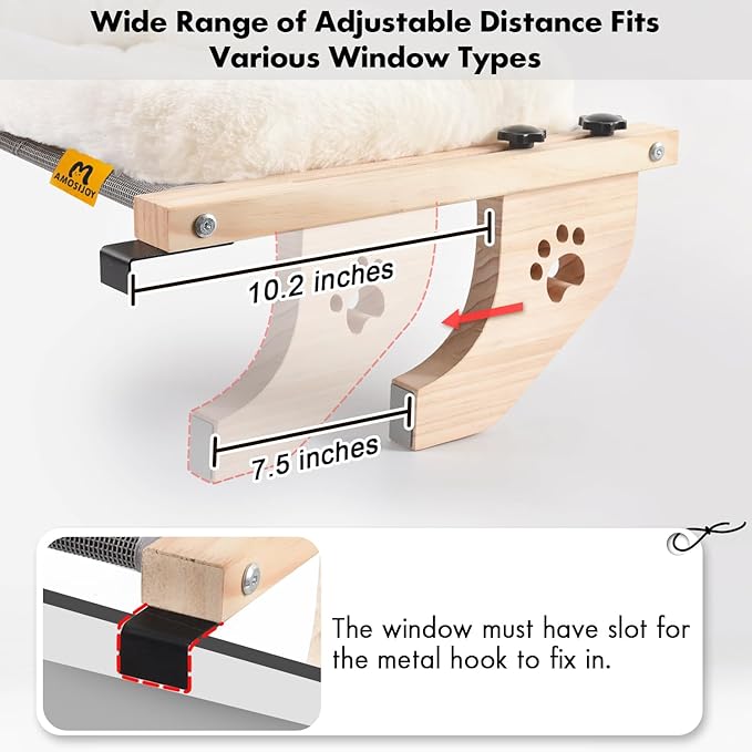 AMOSIJOY Cat Sill Window Perch Sturdy Hammock Seat with Cushion Bed Cover, Wood & Metal Frame for Large Cats, Easy to Adjust Windowsill, Bedside, Drawer and Cabinet (L)-Mewly Pet