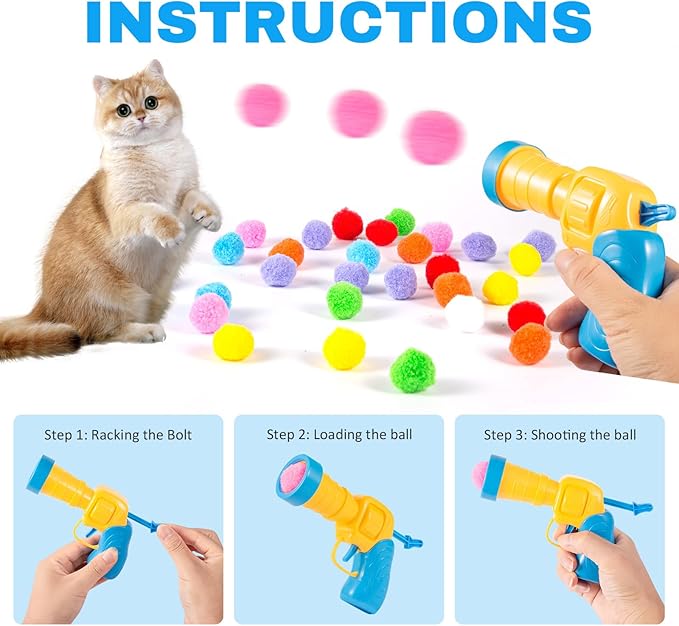 31Pcs Cat Ball Toy Launcher, 30Pcs Plush Fuzzy Balls, Cat Fetch Toy Gun Shooter for Indoor Kittens-Mewly Pet