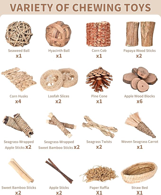 31PCS Rabbit Chew Treat Toys for Teeth Health, Natural Bunny Enrichment Toys for Boredom & Stress Relief, Keep Busy Toys for Guinea Pig Chinchilla Hamster Rat Gerbil Degu Indoor Outdoor-Mewly Pet