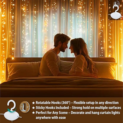 Warm White Curtain Light for Bedroom, 300 LED 9.8ft x 9.8ft Window Fairy Curtain String Light with 16 Hooks, 8 Models Remote Control for Wedding Party Home Garden Indoor Decorations
