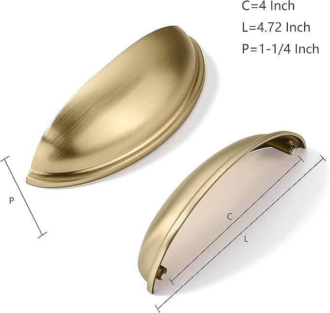 khtumeware 10 Pack 4" Drawer Pulls Brushed Brass Cabinet Cup Pulls Kitchen Hardware Cabinet Handles Drawer Handles Knobs 4 inch Hole Center