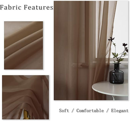 DUALIFE Sheer Curtains Light Filtering Solid Drapes for Window Curtains Sheer Grommet Top (Set of 2, 52 by 72Inch, Chocolate Brown)