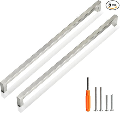 Cabinet Pulls Brushed Nickel Cabinet Handles Square Drawer Pulls, 5 Pack 15 Inch Stainless Steel Kitchen Door Cupboard Cabinet Handles, Cabinet Hardware Drawer Handles, 384mm Hole Centers