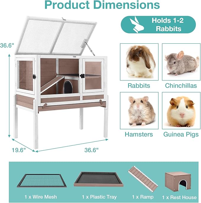 Guinea Pig Cage with Wooden Stand,Indoor Rabbit Hutch with 2 Stories,Hamster Cage with Anti Chew Ramp,Hideout, Platform, Pull Out Tray (Brown)-Mewly Pet