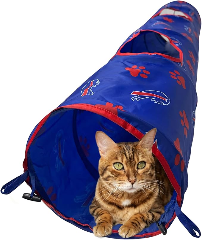 NFL Buffalo Bills Cat Tunnel Tube Toy with Plush Football Catnip and Feathers Collapsible Tunnel for Cats to Play, Peek and Hide, Sporty & Fun Cat Tunnel Toy with Team Logo All-Over Design!-Mewly Pet