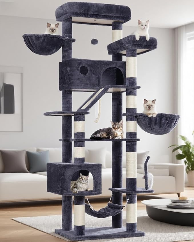 Cat Tree for Large Cats, 78.7"(200cm) Tall Cat Tower for Indoor Cats Multiple Cats with Large Top Perch, Cat Condo, Cat Hammcok, Cat Scratching Post, Dark Gray GCT031G-Mewly Pet