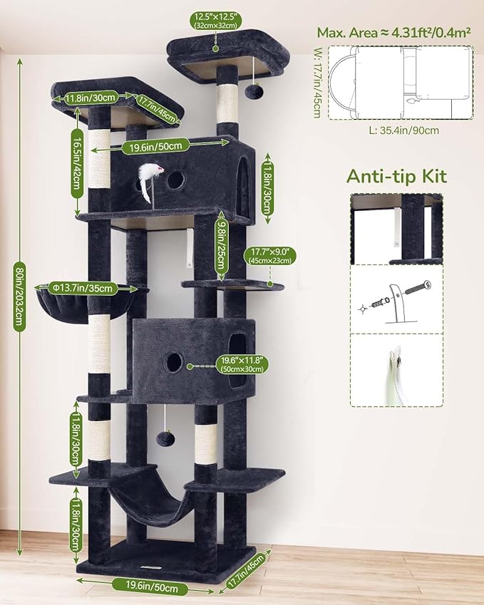 Globlazer Large Cat Tree Tower Condo, 80in Tall Cat Tree for Multiple Indoor Cats Large Adult, XXL Big Cat Climbing Tower with Cat Caves, Sisal Scratching Posts, Top Perches, Hammock, S80B, Dark Gray-Mewly Pet