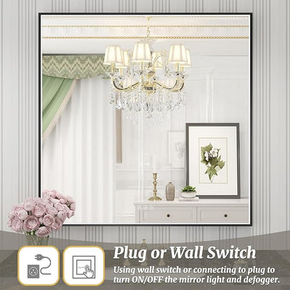 36x36 Inch LED Bathroom Mirror, Black Metal Framed Lighted Mirror for Bathroom, Wall Mouted LED Vanity Mirror with Lights, 3 Colors and Stepless Dimmable, Anti-Fog, Memory