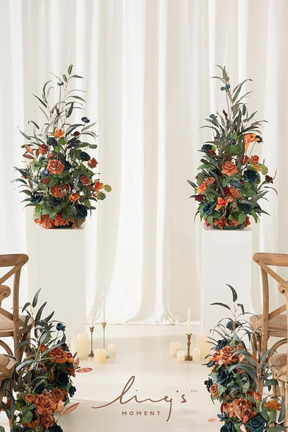Ling's Moment 41" Tall Fall Free Standing Artificial Flowers Arrangements 2 pcs Wedding Arch Altar Stage Decorations Teal Burnt Orange For Ceremony Reception Church Backdrop Outdoor Aisle Floral Party