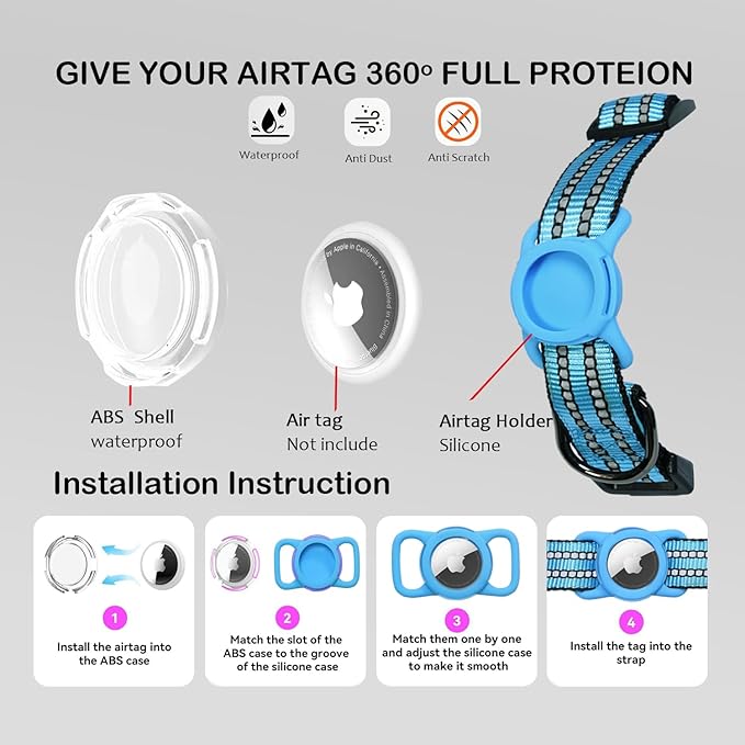 Reflective Dog Collar with Apple AirTag Holder & QR Code Pet ID Tag,Soft Nylon Adjustable Dog Tracker Collar with Safety Lock for Small Dogs (Blue, S)-Mewly Pet