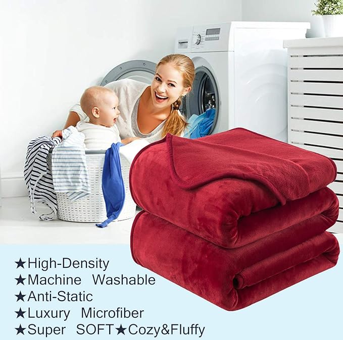 Flannel Fleece Travel Size Summer Blanket All Season 350GSM Lightweight Throw for The Bed Extra Soft Brush Fabric Winter Warm Sofa Blanket 50"x 61"(Burgundy Red Travel)