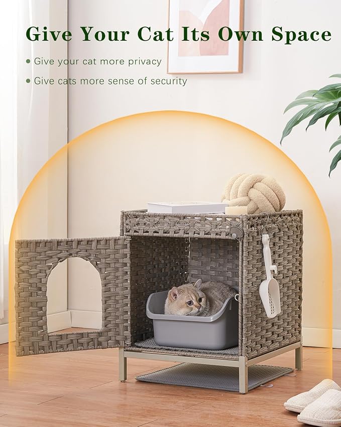 Cat Litter Box Enclosure Hidden Litter Box Furniture with Metal Heightened Feet, Rattan Handwoven Cat House with Litter Mat, Hidden Litter Box Furniture for Bedroom Living Room Gray-Mewly Pet