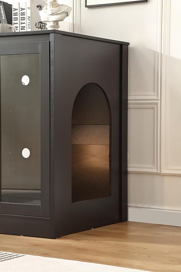 Cat Litter Robot Enclosure with Glass Cat-Observant Doors,Litter Robot Cabinet with Reversible and Optional Entry(Left or Right),Cozy LED for Cats,Power Outlet for More Choice, Black-Mewly Pet