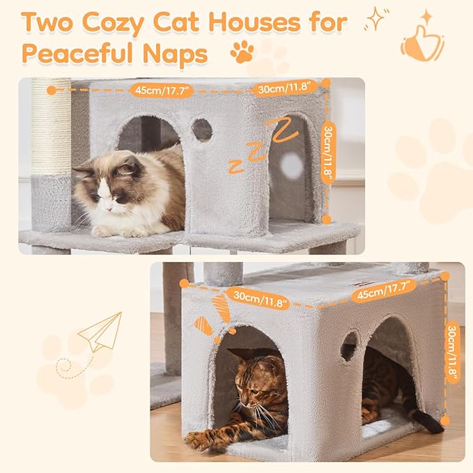 Taoqimiao 71 Inches Cat Tree for Indoor Cats Large Adult, Multi-Level Tall Cat Tower, 2 Cat Condo with 6 Scratching Posts, Super Large Hammcock, Cat Toys, Cozy Basket, Light Gray, MS037W-Mewly Pet