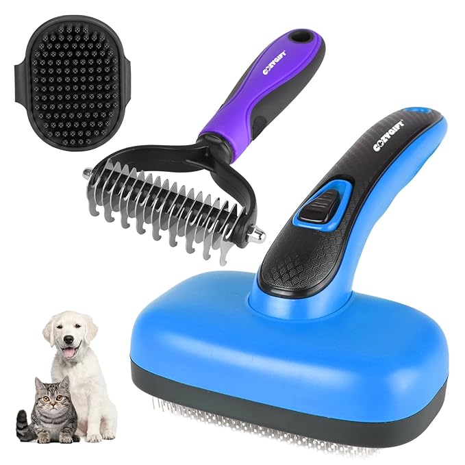 Dog Brush Kit – 3 PCS Grooming Set with Self-Cleaning Brush, Undercoat Rake & Pet Bath Brush. Great for Shedding, Tangles & Dirt Removal – Ideal for Long & Short Haired Dogs & Cats, Blue-Mewly Pet