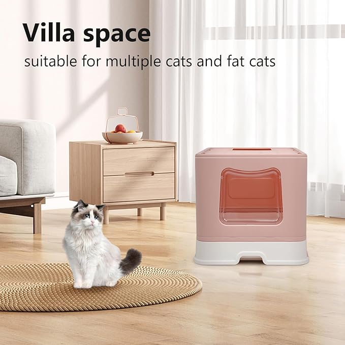 XL Foldable Cat Litter Box with Lid - Jumbo Enclosed Potty - Top Entry Anti-Splashing Toilet - Includes Scoop & 2-in-1 Cleaning Brush (Pink)-Mewly Pet