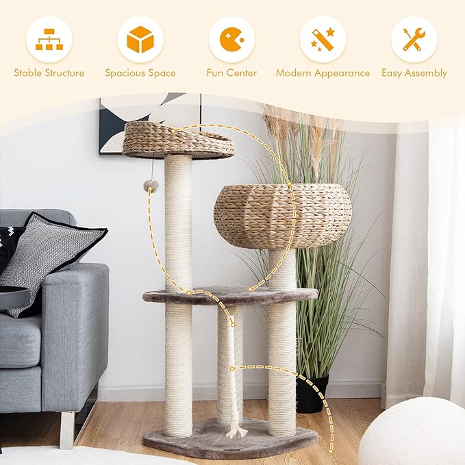 Tangkula Modern Cat Tree for Indoor Cats, Small/Tall Cat Tower with Natural Sisal Scratching Post, Hand-Made Wicker Cat Condo & Top Perch, Funny Hanging Toy Ball, Cute Cat Tree Tower for Large Cats-Mewly Pet