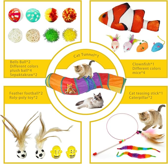 21-Piece Cat Toys Set, Interactive Tunnel, Balls, Mice, Feather Wands, Catnip Toys(Rainbow Cat Tunnel)-Mewly Pet