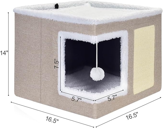 petizer Cat Bed for Indoor Cats, Large Covered Cat House with Scratch Pad, Foldable Cat Cave Bed & Hideaway Cube with Reversible Cushions, Cute Cat Condo for Multi Small Pet Kitten (Khaki)-Mewly Pet