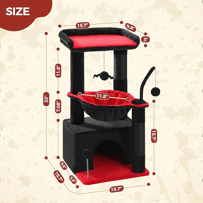 PEQULTI 4-in-1 Gothic Cat Tree, 33'' Cat Tower for Indoor Cats with Large Condo, Cat Scratching Post for Cats with Deep Hammock& Cozy Top Perch,Black-Mewly Pet