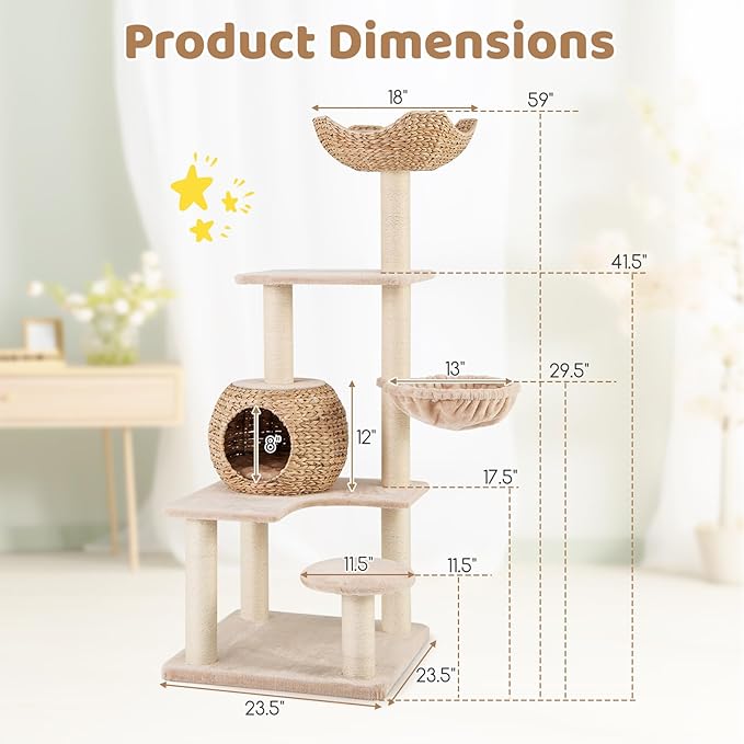 PETSITE 59 inch Cattail Cat Tree Tower, Multi-Level Cat Tower with Natural Sisal Scratching Posts, Condo, Basket, Top Perch and Jumping Platforms, Modern Tall Cat Tree for Indoor Cats-Mewly Pet