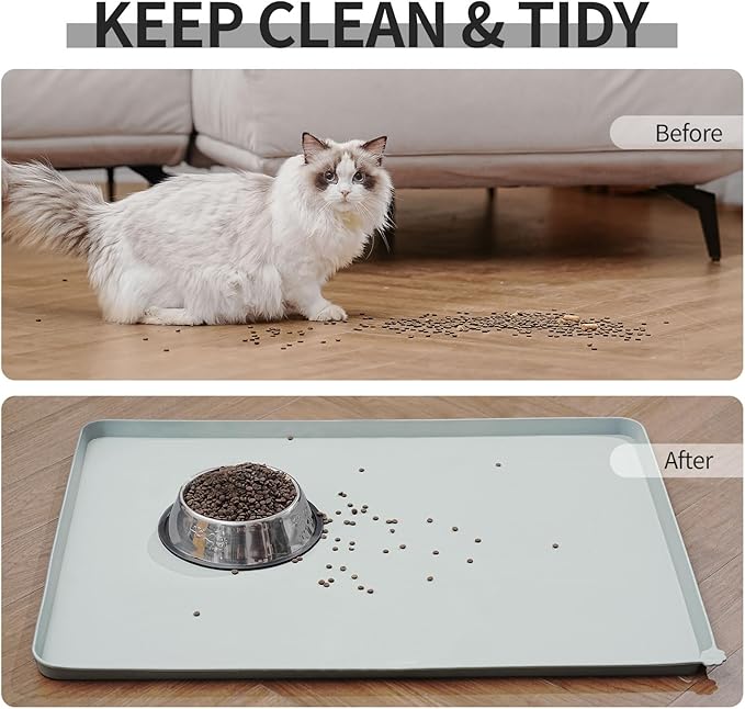 Waterproof Pet Feeding Mat with High Raised Edges, Heavier and Thicker Placemats for Cat Dog Water Bowl with BPA Free, Dogs Cats Food Mats for Messy Drinkers to Prevent Spill and Protect Floors-Mewly Pet