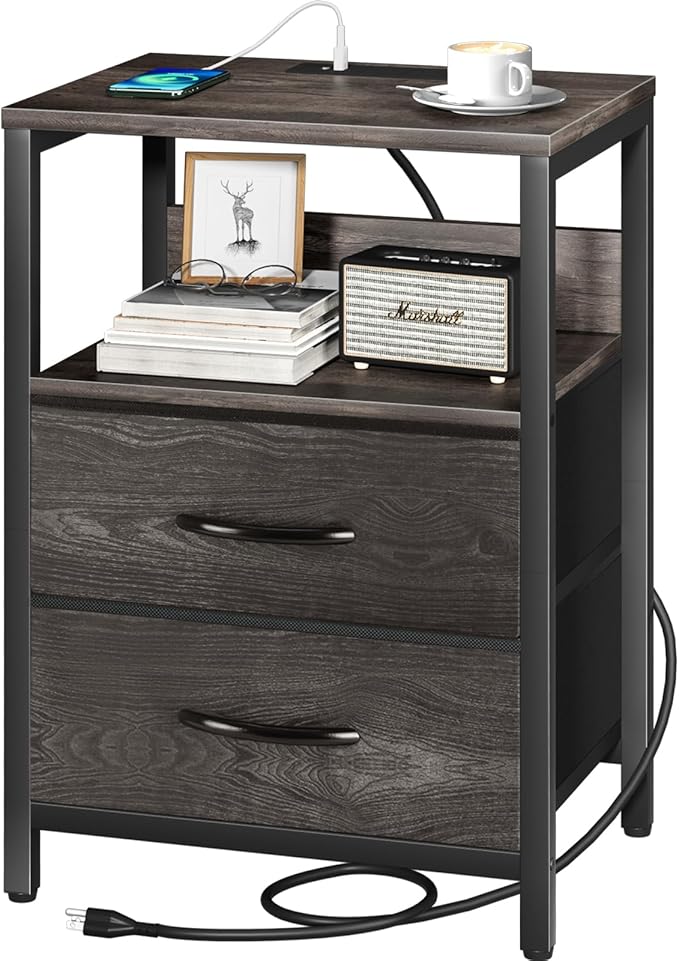 Yoobure Nightstand with Charging Station, Small Night Stand with Fabric Drawers and Storage Shelf for Bedrooms, Nightstands for Small Spaces, Bedside Table with USB Ports & Outlets, Bed Side Table