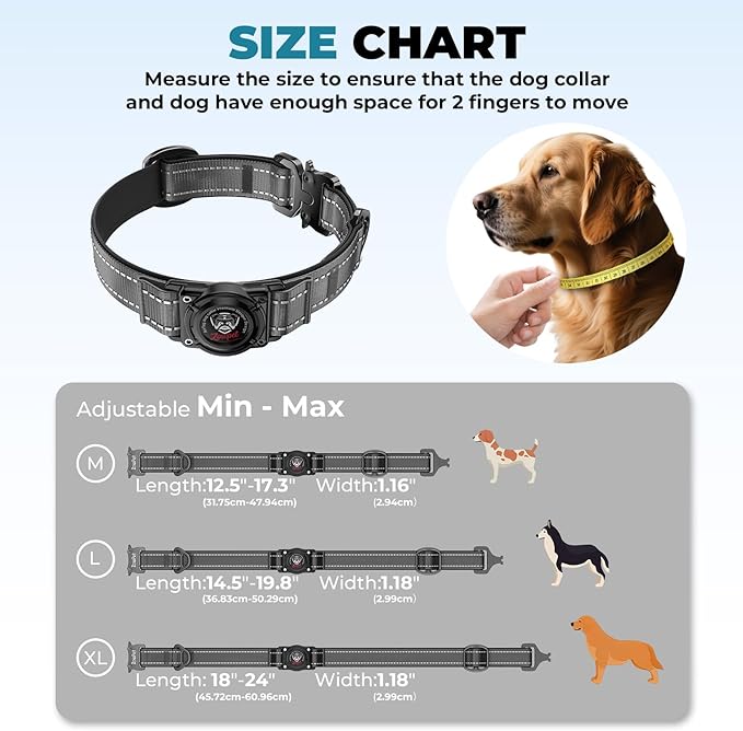 2025 Upgrade Airtag Dog Collar, Reflective Dog Collar with Airtag Holder, IP68 Waterproof| Metal Buckle| Ultra-Durable| Comfortable Padded, GPS Dog Collars for Medium Large Dogs (Black,M)-Mewly Pet