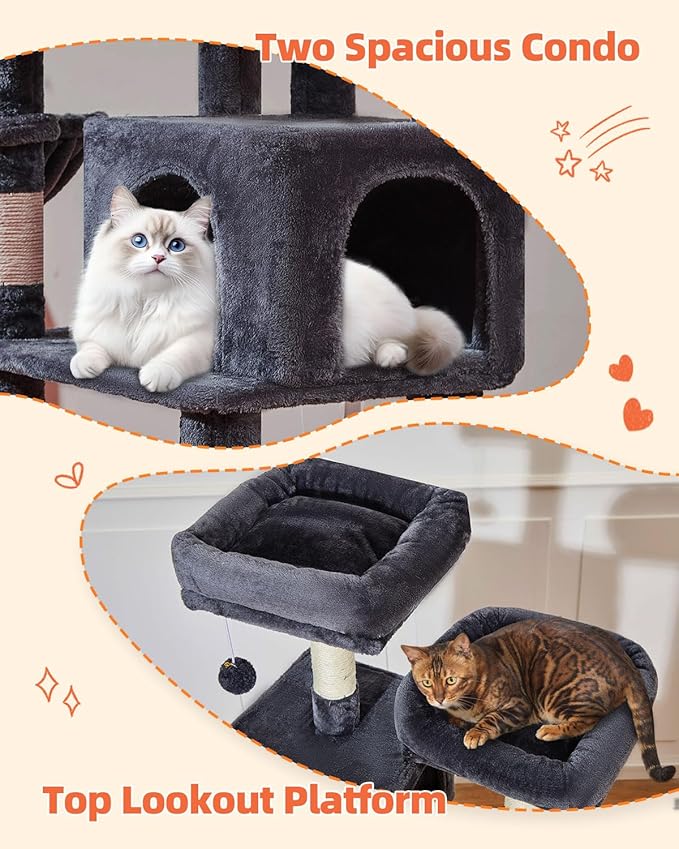 Taoqimiao Cat Tree, 66.2-Inch Cat Tower for Indoor Cats, Plush Multi-Level Cat Condo with 7 Scratching Posts, 2 Perches, 2 Caves, Hammock, 2 Pompoms, Smoky Gray MS013G-Mewly Pet