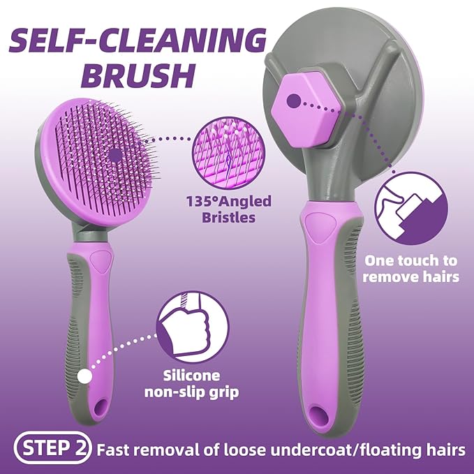 Dog Brush for Shedding, 7 PCS Dog Grooming Brush Kit Including Undercoat Rake, Slicker Brush, Dematting Comb, Nail Clipper, Bath Brush for Long & Short Haired Dogs, Cats - Purple-Mewly Pet