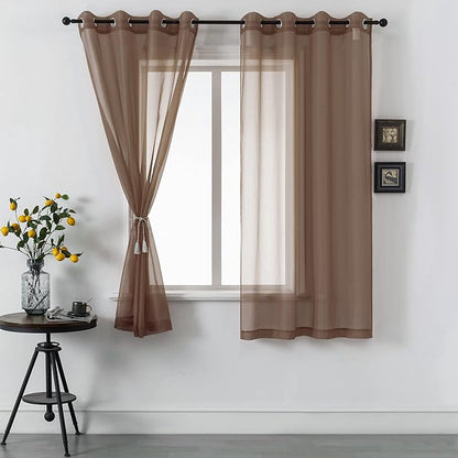 DUALIFE Sheer Curtains Light Filtering Solid Drapes for Window Curtains Sheer Grommet Top (Set of 2, 52 by 72Inch, Chocolate Brown)