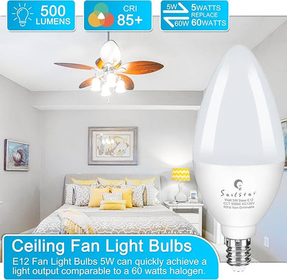 Sailstar Ceiling Fan Light Bulbs 60 Watt Equivalent, 5W Candelabra LED Light Bulbs, 500LM, Daylight 5000K, E12 Small Base Light Bulbs, B11 Type B Bulb for Chandelier, CRI 85, Non-dimmable, 3 Pack