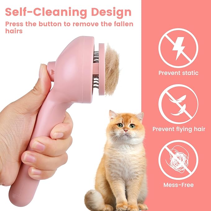 Steam Brush for Shedding Pets - Self-Cleaning Grooming Comb with Water Tank for Long & Short Haired Cats and Dogs (Pink)-Mewly Pet