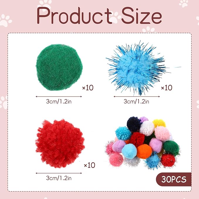 30 Pcs Cat Pom Pom Balls Assorted Color Sparkle Ball for Indoor Cats, Interactive Cats Toys Fuzzy Cat Balls Tinsel Glitter Chase Poms Poms Ball for Exercise and Entertainment-Mewly Pet