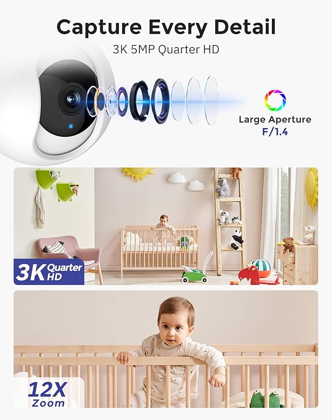 Hugolog 3K 5MP Indoor Pan/Tilt Security Camera with Auto-Focus,Ideal for Baby Monitor/Pet Camera/Home Security,Starlight Color Night Vision,Human/Pet AI,Noise Reduction,US Cloud,Works with Alexa-Mewly Pet