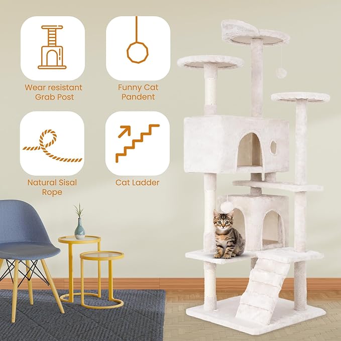 54.7 inches Cat Tower for Indoor Cats, Multi-Level Cat Condos with Scratching Posts, Hanging Toys, Beige-Mewly Pet