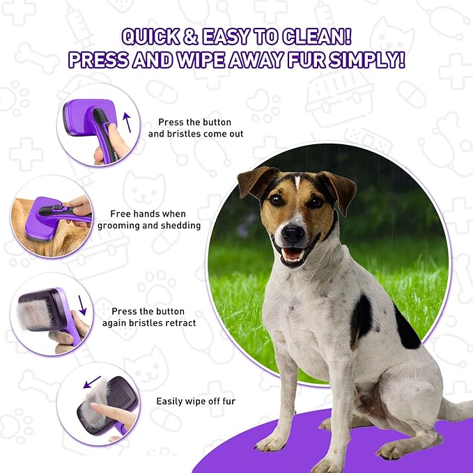 Dogs Cats Self Cleaning Slicker Brush for Shedding & Grooming Any Breed of Pets, Removes Loose, Undercoat, Mats, Tangled Hair for Small Medium Large Animal With Long Short Fur Length, Purple-Mewly Pet