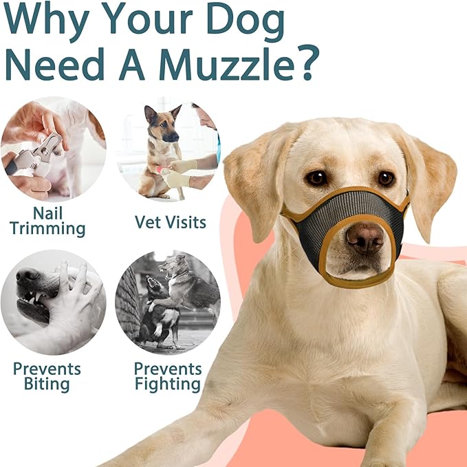 LUCKYPAW Dog Muzzle, Mesh Muzzle for Large Medium Small Dogs, Soft Mouth Guard for Biting Chewing, Breathable Mouth Guard with Adjustable Strap for Training(Brown, S(Snout:7.75"-8.75"))-Mewly Pet