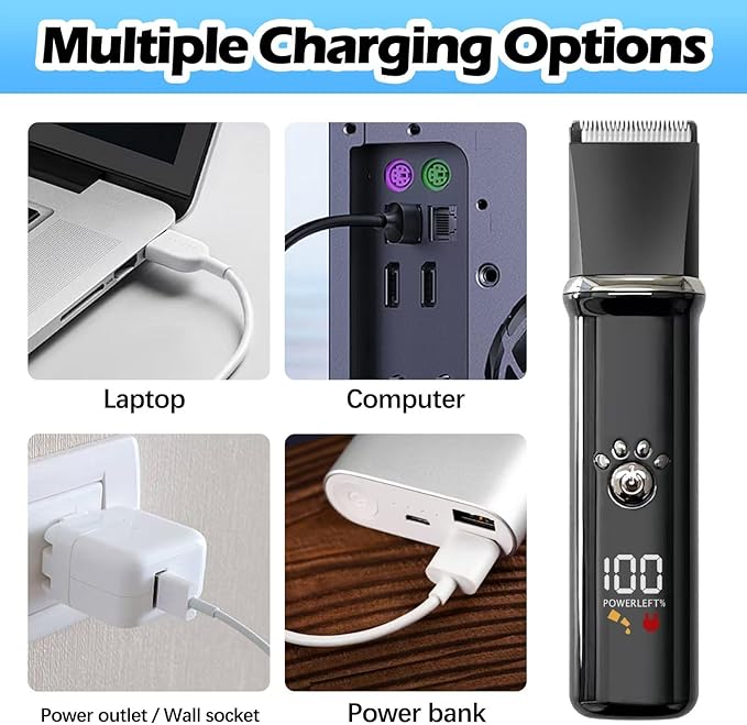 Dog Clippers Grooming Kit - Low Noise, Cordless Electric Trimmer with Nail Grinder for Dogs & Cats, 4 in 1 Rechargeable Clippers for Paws, Ears, Face and Matted Hair (Black)-Mewly Pet