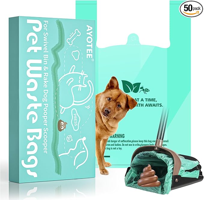 Compostable Dog Poop Bags for Swivel Bin & Rake Dog Pooper Scooper, AYOTEE Heavy Duty Poop Bags for Dogs Biodegradable,Tear-Free Large Dog Bags for Poop 50 Packs, Dog Waste Bags with Handles, Green-Mewly Pet