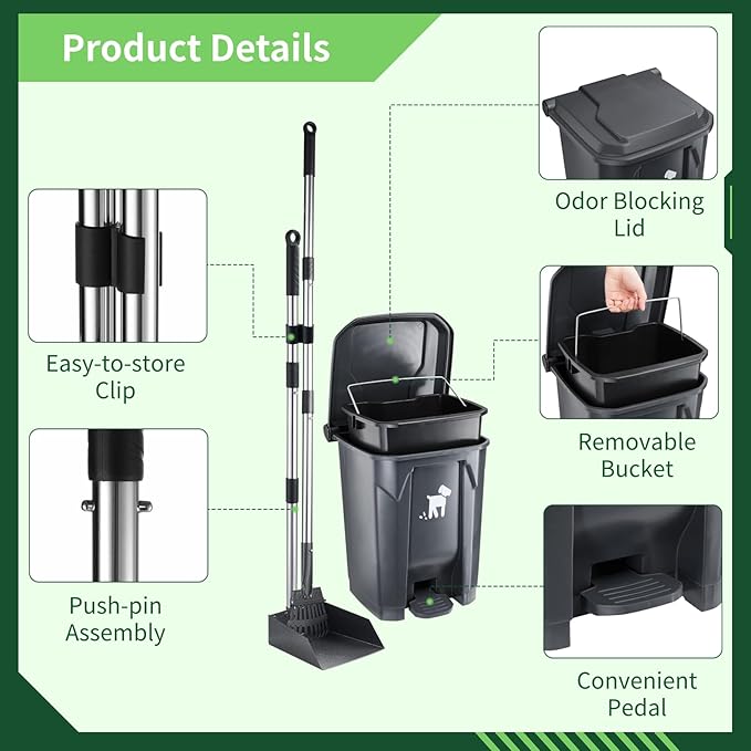 Dog Pooper Scooper, Dog Poop Trash Can Set with Removable Inner Bucket, Long Handle Rake, 150 Waste Bags, Easy Pick Up Poop Scooper, 20L Dog Poop Trash Bin for Small/Large Dog Families-Mewly Pet