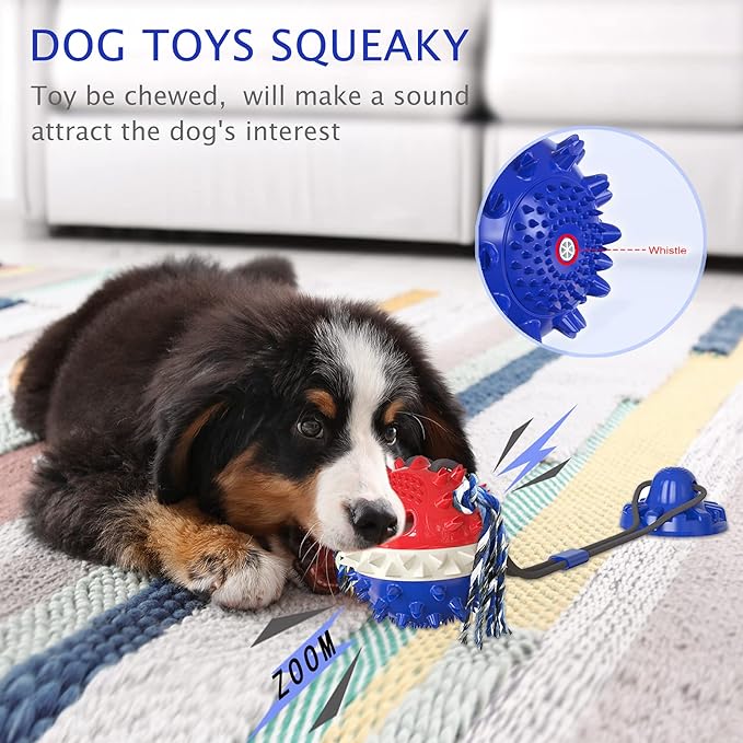 Aggressive Chewer Dog Toys - Rope Toys with Suction Cup, Teething Treats & Puzzle Food Dispensing Ball (Navy Blue)-Mewly Pet