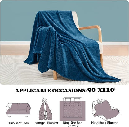 NEWCOSPLAY Super Soft King Blanket Navy Blue Premium Silky Flannel Fleece Leaves Pattern Lightweight Bed Blanket All Season Use (Navy Blue, King(90"x110"))