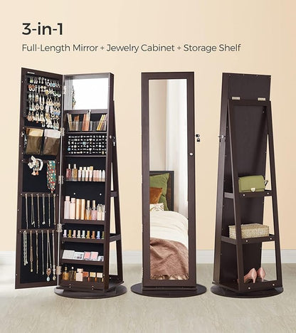 SONGMICS 360° Swivel Jewelry Cabinet, Lockable Jewelry Organizer with Full-Length Mirror, Rear Storage Shelves, Interior Mirror, Jewelry Armoire, Christmas Gifts for Women, Gift Idea, Brown UJJC006R01