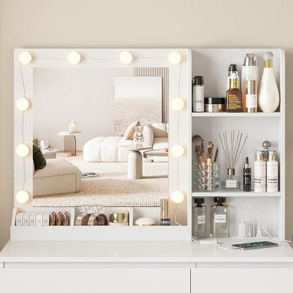 Vabches Vanity, Makeup Vanity Desk Set with Mirror & Light, Dressing Table Storage Lots with Power Strip, 3 Lighting Modes with Adjustable Brightness, 37 Inches (White) (White with Stool)
