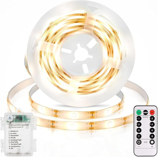 echosari 3.3FT Strip Lights Battery Operated, 2700K Tape Light with Self-Adhesive Timer Dimmable Cuttable Remote Control for Indoor Stairs Cabinets Shelves TV Home Decor (Warm White)