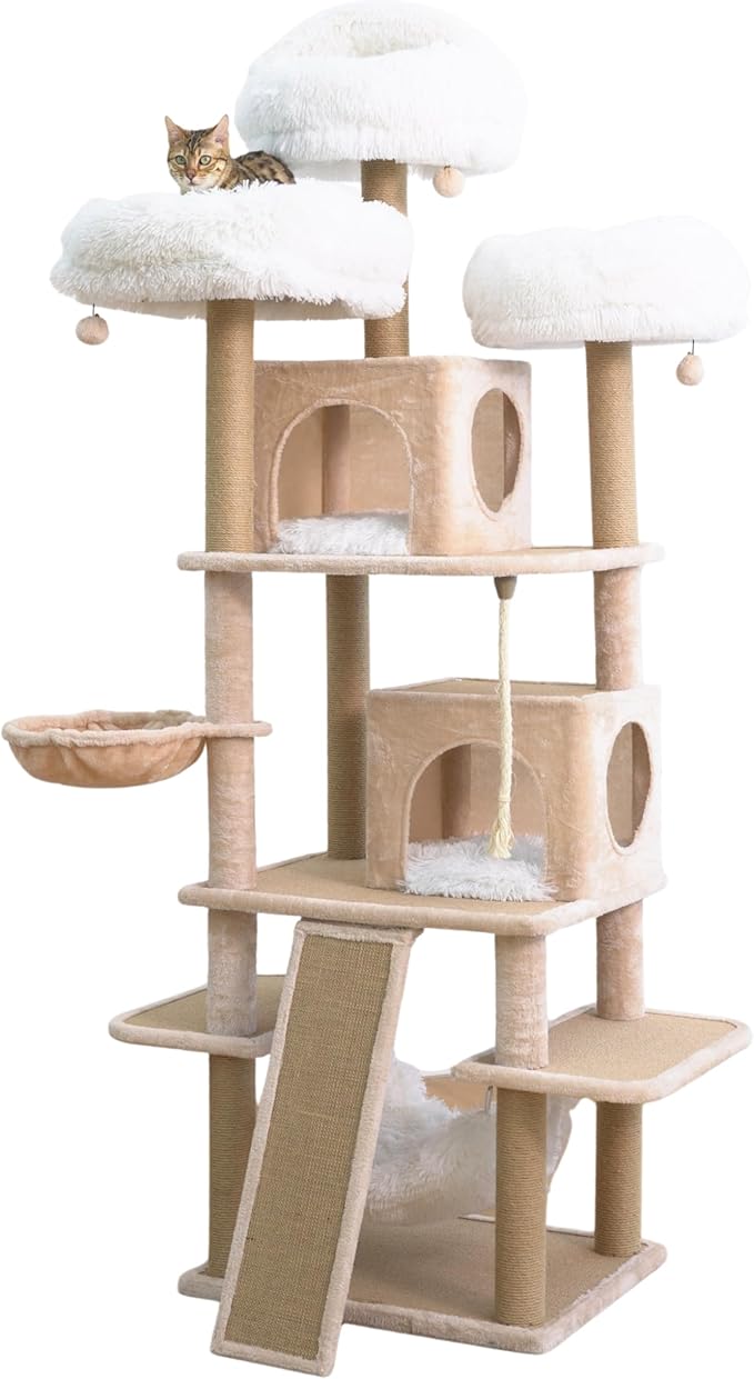 Catry 74.5" High 7-Level Extra Large Cat Tree with 2 Condos,2 Hammock,3 Washable Top Beds, Scratching Ramp Pad, Replaceable Scratching Posts, for Multi-Cat Homes (Light Brown &White)-Mewly Pet