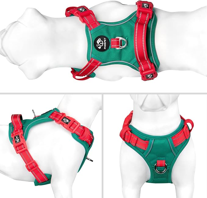 PHOEPET No Pull Dog Harness, Unique Colors Reflective Adjustable Dog Vest, with Soft Training Handle Metal Clips for Small Medium Large Dogs (Dark Green Base & Red Straps,M)-Mewly Pet